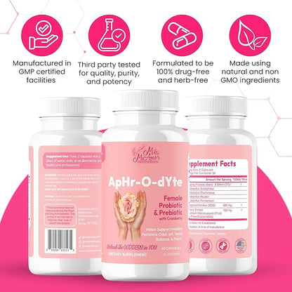 Mila Miamor ApHr-O-dYte Women’s Probiotic and Prebiotic with Cranberry - Gluten-Free, Non-GMO Supplement for Feminine Health, pH Balance, Odor Control, Urinary Tract - 60 Capsules