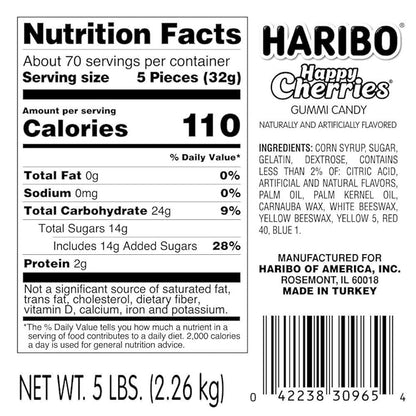 Haribo Gummi Candy, Happy Cherries, 5- Pound Bag