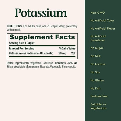 Nature's Bounty Potassium 99mg, Supports Fluid Balance and Muscle Activity, Involved in Normal Heart Function, Potassium Gluconate Dietary Supplement, Gluten Free, 1 Per Day, 100 Vegetarian Caplets