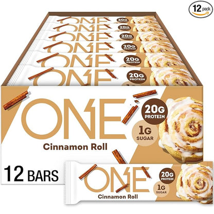 ONE Protein Bars, Cinnamon Roll, Gluten Free with 20g Protein and 1g Sugar, Pantry Staples, 2.12 oz (12 Count), Packaging May Vary