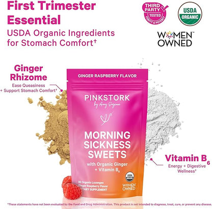 Pink Stork Morning Sickness Sweets, Organic Raspberry Ginger Candy with Vitamin B6, Support for Motion Sickness, Prenatal Heartburn - Pregnancy Must Haves - 30 Wrapped Drops