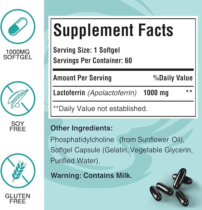 Liposomal Bovine Lactoferrin 1000 mg - Higher Absorption - for Iron Absorption & Immune Function Lactoferrin Supplements for Adults, 60 Softgels