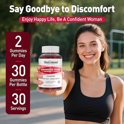 D Mannose with Cranberry Gummies, D-Mannose Supplements 1500mg for Women, with Hibiscus for Urinary Tract Health, Bladder, Liver Support, Sugar-Free, Vegan, Raspberry Flavor, 60 Count
