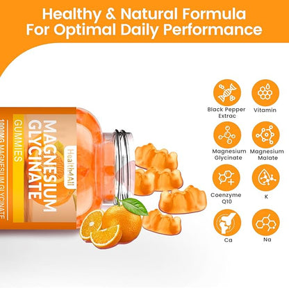 Magnesium Glycinate Gummies 1000mg, High Absorption Sugar Free Magnesium Potassium Supplement for Relaxation, Stress Relief, and Sleep Support for Adults & Kids - 180 Orange Gummies