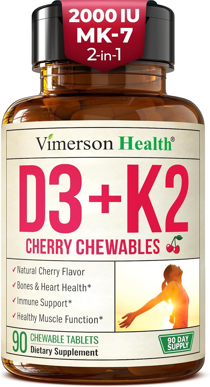 Vitamin D3 K2 Supplement – All-in-1 Support for Immune, Bone & Heart Health – Vitamin D + Vitamin K (as MK7) – K2 D3 2000IU Vitamin Supplement, 90 Natural Cherry-Flavored Chewables