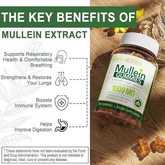 NEVISS Mullein Gummies for Lungs, Organic Mullein Leaf Extract 1000mg for Respiratory System with Quercetin & Bromelain, D3 for Digestive Support, Immune Booster, Sugar Free, Vegan, 120 Count