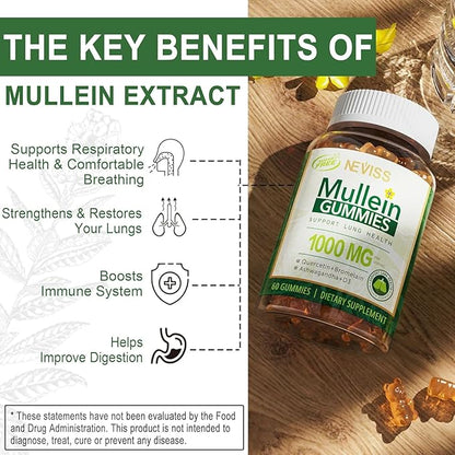 NEVISS Mullein Gummies for Lungs, Organic Mullein Leaf Extract 1000mg for Respiratory System with Quercetin & Bromelain, D3 for Digestive Support, Immune Booster, Sugar Free, Vegan, 120 Count