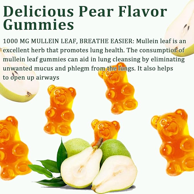 Mullein Gummies, Daily Respiratory Health Gummies,1000mg Mullein Leaf herb Extract, Pear Flavor, Lung Health & Sinus Relief (30 Day Supply)