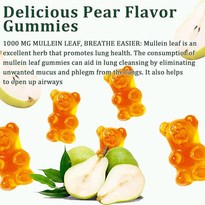 Mullein Gummies, Daily Respiratory Health Gummies,1000mg Mullein Leaf herb Extract, Pear Flavor, Lung Health & Sinus Relief (30 Day Supply)
