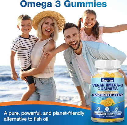 Omega-3 Gummies for Adults, Orange Flavor – Sugar-Free, Algae-Derived DHA 600mg & EPA 300mg, with Vitamins A, C, E, Zinc, 60 Gummies