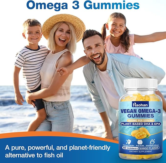 Omega-3 Gummies for Adults, Orange Flavor – Sugar-Free, Algae-Derived DHA 600mg & EPA 300mg, with Vitamins A, C, E, Zinc, 120 Gummies