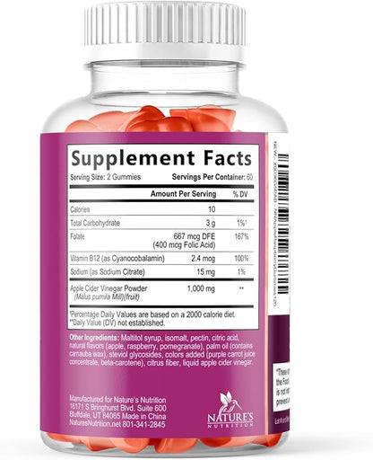 Apple Cider Vinegar Gummies 1000mg per Serving - Sugar Free Max Strength ACV Gummy Vitamins Supplement, Advanced Formula, Vitamin B12 Supports Metabolism & Energy, Keto Friendly, Vegan, 120 Gummies