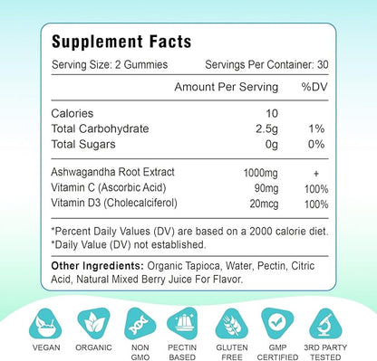 2 Pack Ashwagandha Gummies with Vitamin D for Women & Men, Sugar Free Vegan Ashwagandha Supplement Gummy & Vitamin C, 60 Count