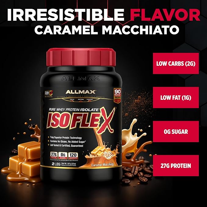 ALLMAX ISOFLEX Pure Whey Isolate Protein Powder - Gluten Free, Low Lactose, Sugar-Free - High-Protein, Clean, Keto-Friendly for Pre Post Workout Supplement for Women and Men | Caramel Macchiato, 2lb