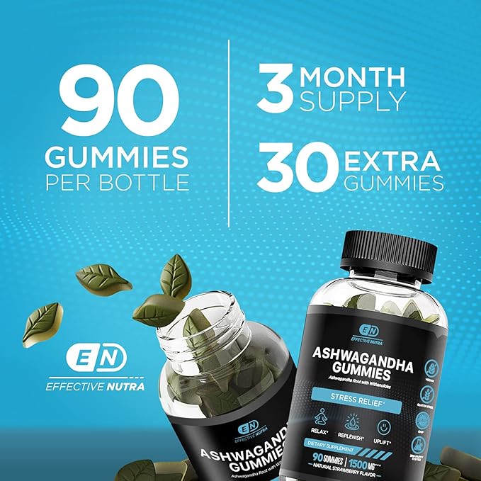 Effective Nutra Ashwagandha Gummies 1500mg – Extra Strength Stress & Sleep Support – 90-Day Supply, Just 2 Gummies Daily – Vegan, Non-GMO, Third-Party Tested – Made in USA (2-Pack)