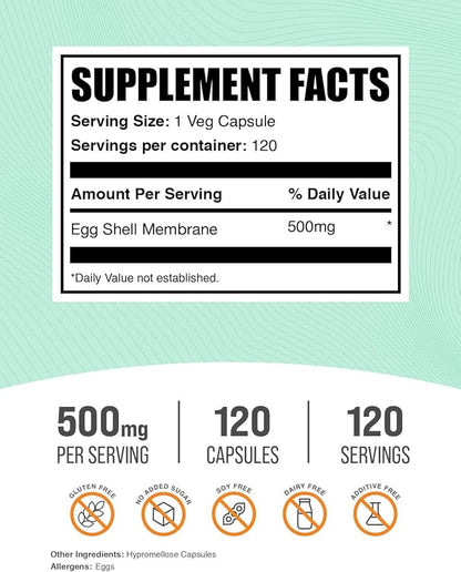 BulkSupplements.com Egg Shell Membrane Capsules - Collagen Supplement, Dairy-Free & Gluten Free - 1 Capsule per Serving (500mg), 120 Count (Pack of 1)