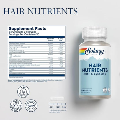SOLARAY Hair Nutrients with L-Cysteine - Hair Vitamins with Biotin for Hair Growth Support - Hair Skin and Nails Vitamins for Women and Men - Lab Verified, 60-Day Guarantee - 30 Servings, 60 VegCaps