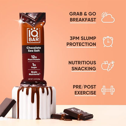 IQBAR Clean Plant Protein Bars - Chocolate Sea Salt - 24 Count - Keto, Vegan, High Fiber, Gluten and Dairy Free, Low Sugar Snack - Brain and Body Nutrients for Focus, Energy, Meal Replacement