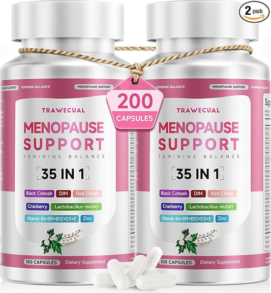 Menopause Supplements For Women, 400mg Black Cohosh & 200mg DIM for Hot Flashes, Night Sweats Relief & Hormone Balance, 35-in-1 with Probiotics, Ashwagandha & Red Clover, 200 Capsules/100-Day Supply