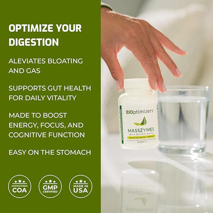 BiOptimizers MassZymes - Complete Digestive Enzymes Supplement for Gut Health - Bloating Relief for Men and Women - Lipase Amylase Bromelain Digestive Enzymes (250 Capsules)