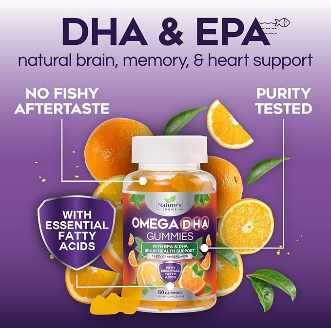 Omega 3 Fish Oil Gummies - Triple Strength Omega3 Gummy - DHA & EPA Fatty Acids for Heart Health, Joint & Brain Support, Nature's High Absorption Omega Fish Oil Supplement, Orange Flavor- 60 Gummies