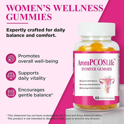 AromPCOSLife Inositol Gummies Support Ovulation, 2 Packs Vitamin Gummies Support Menstrual Cycle & Hormonal Balance for Women, Orange Flavor Inositol Gummy with Myo-Inositol, Folate and Vitamin B6 B12