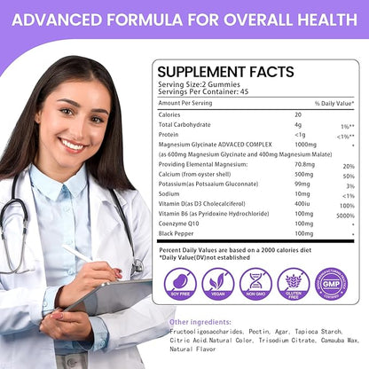 Magnesium Glycinate Gummies 1000mg, High Absorption Sugar Free Magnesium Potassium Supplement for Relaxation, Stress Relief, and Sleep Support for Adults & Kids - 180 Blueberry Gummies
