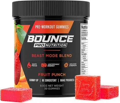 Bounce Pro Beast Mode Pre Workout Gummies with Caffeine, Beta-Alanine & L-Tyrosine for Energy, Focus & Training Intensity (30 Count (Pack of 1), Fruit Punch)