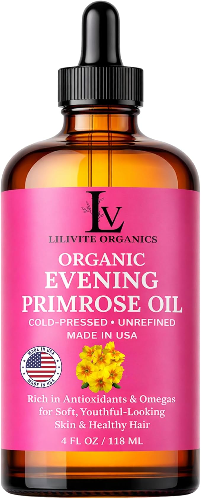 Evening Primrose Oil – 100% Pure, Cold-Pressed & Unrefined, Organic Evening Primrose Oil, Rich in Natural Fatty Acids & Antioxidants – for Skin, Hair, Massage & Carrier Oil, 4 fl oz Glass Bottle