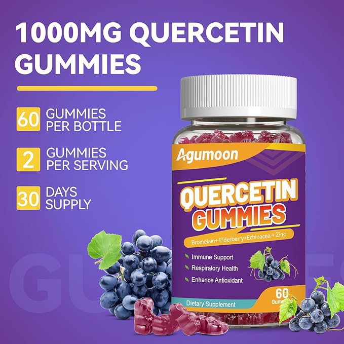 Quercetin Gummies, 1000mg Quercetin with Bromelain Zinc Elderberry, Immune & Antioxidant Support, Vegan Gummies for Adults & Kids, 60 Count
