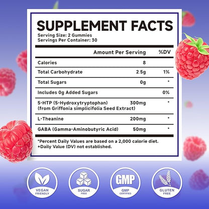2 Pack 5-HTP Gummies 300mg, 5-HTP Supplement with 200mg L-Theanine & 50mg GABA, GABA Supplements for Adults, Sugar Free, Raspberry Flavor, 120 Count