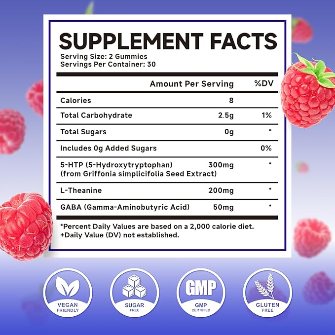 5-HTP Gummies 300mg, 5-HTP Supplement with 200mg L-Theanine & 50mg GABA, GABA Supplements for Adults, Sugar Free, Raspberry Flavor, 60 Count