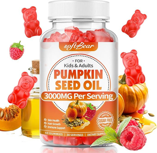 softbear Pumpkin Seed Oil Gummies, Organic Pumpkin Seed Oil Supplement with Saw Palmetto for Hair Growth & Skin Health, Cold Pressed/Suagr-Free, Raspberry Flavor 60 Count