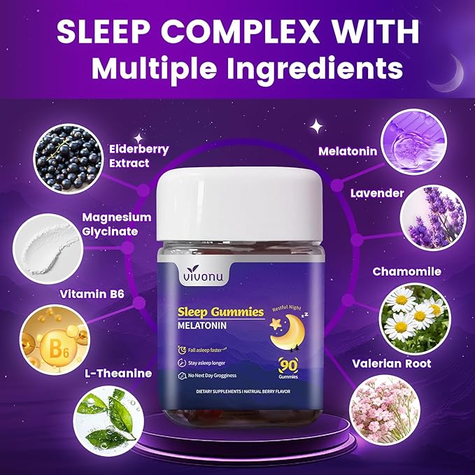 Melatonin Gummies 10mg, 9-in-1 Natural Herbal Sleep Aids for Adults, Sleep Gummies with Magnesium Glycinate, Valerian Root, L-Theanine and Vitamin B6, etc, 45 days supply, Non GMO, Berry Flavored