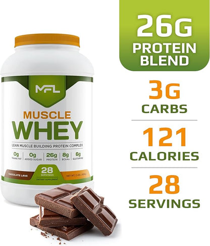 MFL Muscle Whey Protein l 28g of Protein l 8g BCAAs l Keto Friendly l Low Carbs l 2 lbs (Chocolate Lava)