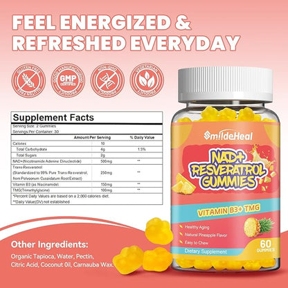NAD+ Resveratrol Gummies NAD+ Supplement 500mg with Vitamin B3 & TMG – Healthy Aging, Energy & Cellular Health Support – Vegan Friendly, Natural Pectin – 60 Gummies, 30-Day Supply