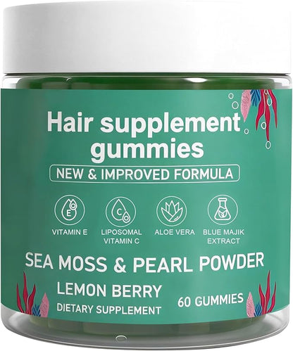 Hair Loss Gummies,Sea Moss Gummies with Vitamin C, Vitamin E, Aloe Vera, Pearl Powder Support Faster Hair Growth,Enhance Nail Elasticity,Promot Radiant Skin,Gluten-Free - 60 Count