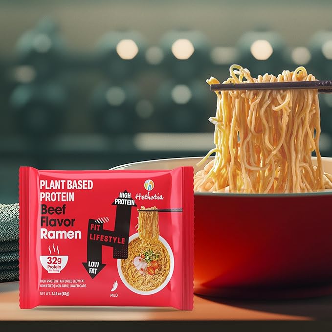 Hethstia Protein Ramen Spicy Beef Flavor, 6-Pack Instant Noodle Soup, 32g Plant-Based Protein, Vegan, Non-GMO, Low Fat, Healthy High Protein Ramen Meal