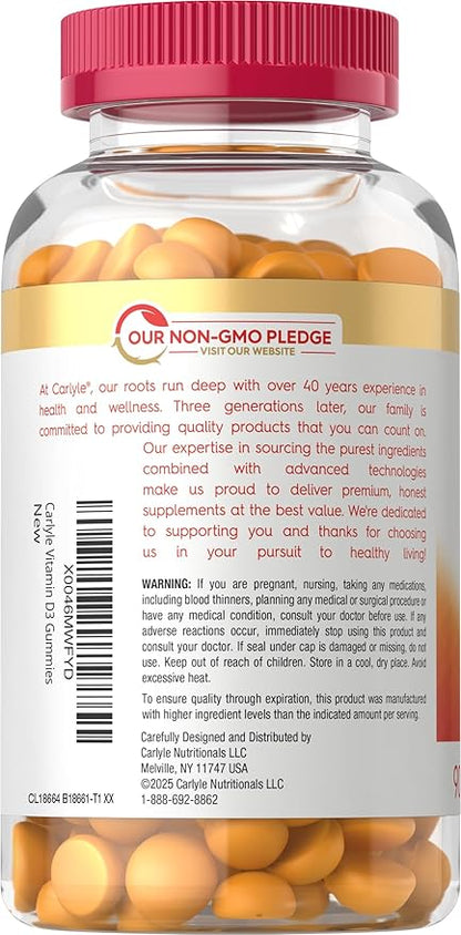 Carlyle Vitamin D3 K2 Gummies | 90 Count | 5,000 IU of D3 + 50 mcg MK7 | Peach Mango Flavor | Vegetarian, Non-GMO, and Gluten Free Supplement