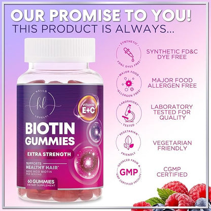 Hair Vitamins Gummies with Biotin 5000 mcg per Serving - Hair Growth Support with Vitamins E & C for Thicker, Stronger & Beautiful Hair - Hair Skin and Nails Vitamin, Gluten Free - 60 Gummies