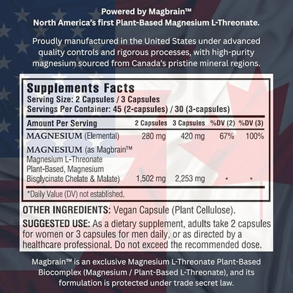 Kappa Nutrition Powered by Magbrain™ Magnesium L-Threonate Plant-Based, 90 Vegan Capsules, 420mg Elemental Magnesium (3 Capsules) from 2,253mg, Brain, Sleep & Muscle Support.