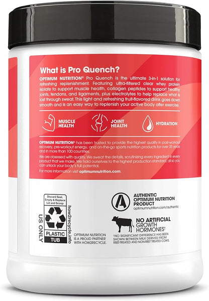 Optimum Nutrition Pro Quench, 10g Clear Protein, 10g Collagen peptides & Electrolyte Powder Drink Mix, Strawberry, 20 Servings, 520 Grams (Packaging May Vary)