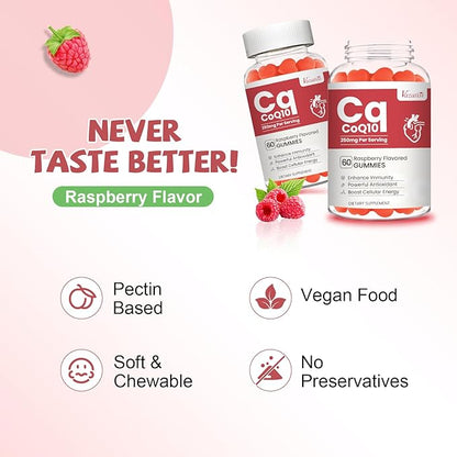 High Absorption CoQ10 Gummies 250 mg, Plus Omega-3, Vitamin B3 for Cellular Energy, Brain & Antioxidant, 5X Better Absorption Coenzyme Q10 Supplement, Raspberry Flavored - 60 Cts