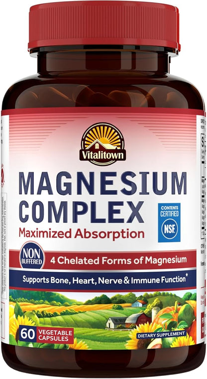 Vitalitown Magnesium Complex Supplement 500mg - NSF Certified Magnesium Glycinate, Malate, Taurate & Citrate - Chelated High Absorption & Gentle on Stomach - Vegan Non-GMO 60 Capsules