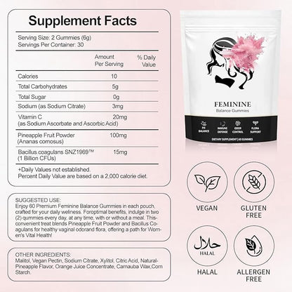 Feminine Balance Gummies, Premium Feminine Balance Gummies for Women’s, Vegan Hawaiian Pineapple, pH Balance, Healthy Odor, Flora and Immune Support, Vaginal Health Support, 60 Count (Pineapple)
