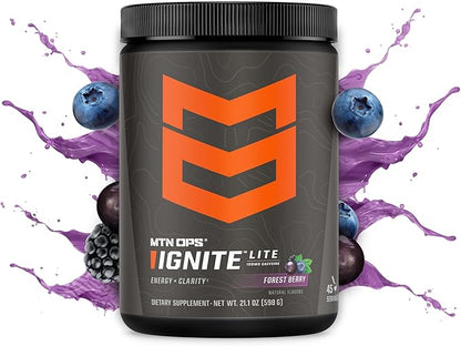 MTN OPS Ignite Lite Sugar Free Energy Drink Powder with 100mg Caffeine, Nootropic Blend for Energy & Focus, L Arginine & L Citrulline for Endurance, 45 Servings, Forest Berry