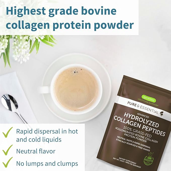 Igennus Free Range Grass Fed Hydrolyzed Bovine Collagen Peptides, Neutral Taste, 100% Highest Grade Bovine Collagen Protein Powder, Types 1, 2 & 3, Clean Label, Non-GMO, Free Range,4 x 40 Servings