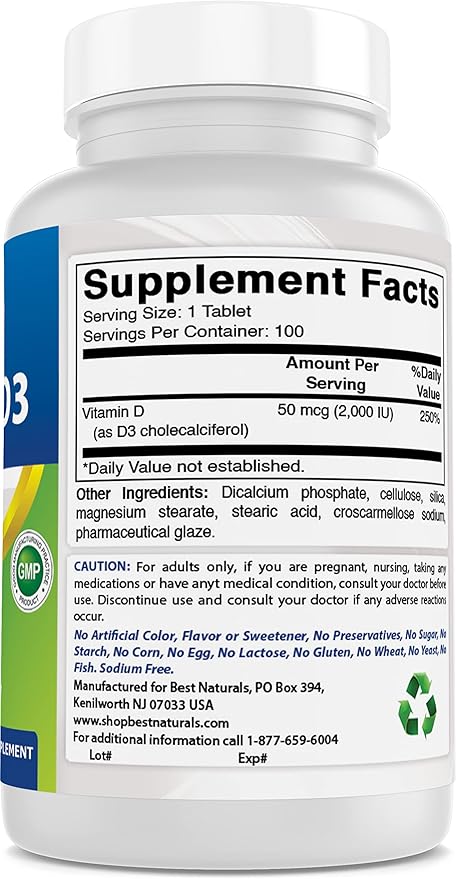 Best Naturals Vitamin D3 2000 IU (50 mcg) - 100 Tablets - 100 Days Supply - Helps Support Immune Health, Strong Bones and Teeth, & Muscle Function (100 Count (Pack of 1))