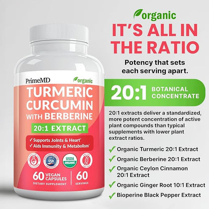 5-in-1 USDA Organic Turmeric Curcumin Supplement - 230mg with Berberine, Ceylon Cinnamon Bioperine and Ginger Supplements for Mobility, Digestion & Wellness Support, USDA Organic, 60 Servings, 1-Pack