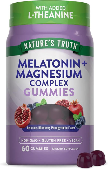 Nature's Truth Melatonin with Magnesium Gummies | 60 Count | Plus L-Theanine | Blueberry Pomegranate Flavor | Vegan, Non-GMO & Gluten Free Supplement